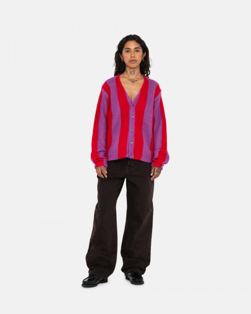 Purple Women's Stussy Stripe Brushed Cardigan Sweaters Philippines | IZJ-5985