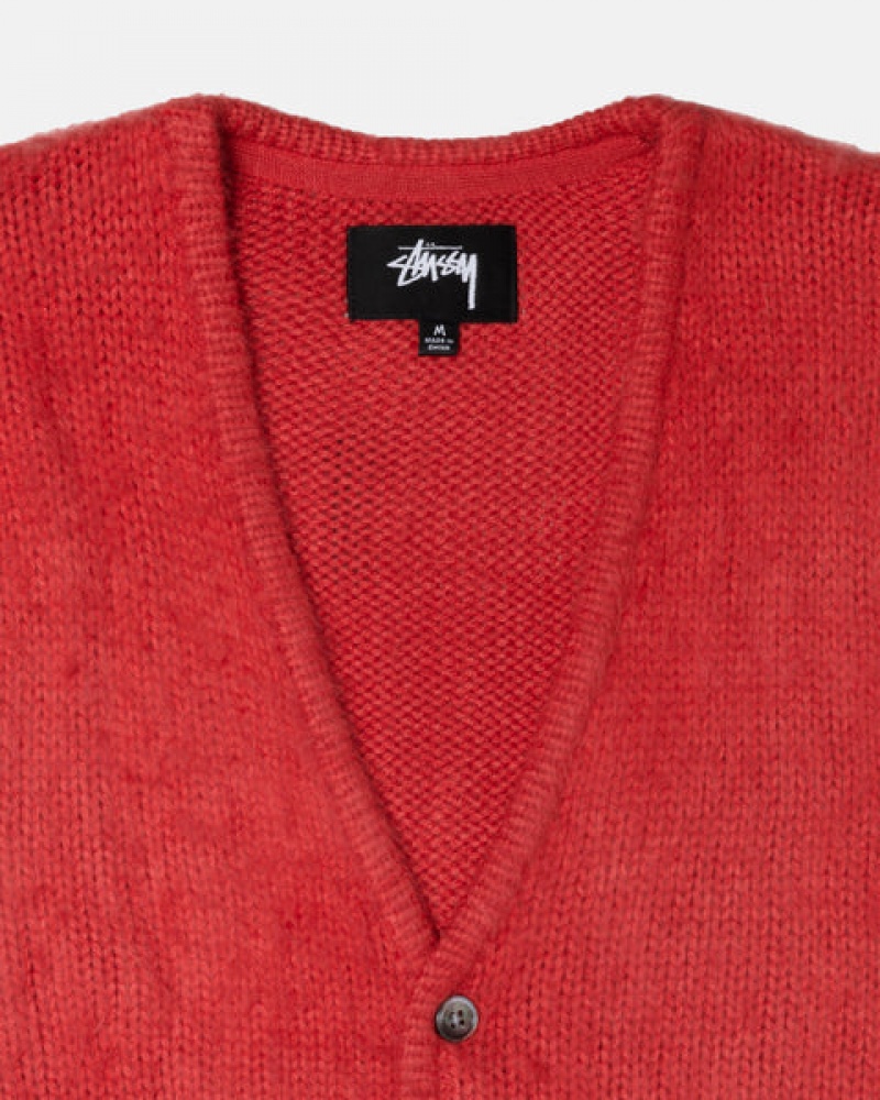 Red Men's Stussy Brushed Cardigan Sweaters Philippines | GOW-5490