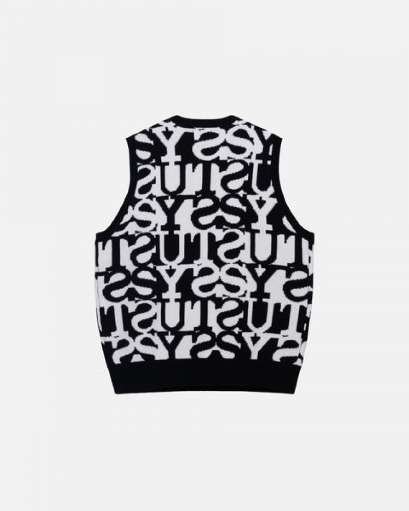 White / Black Men's Stussy Stacked Sweater Vest Sweaters Philippines | RXY-7847