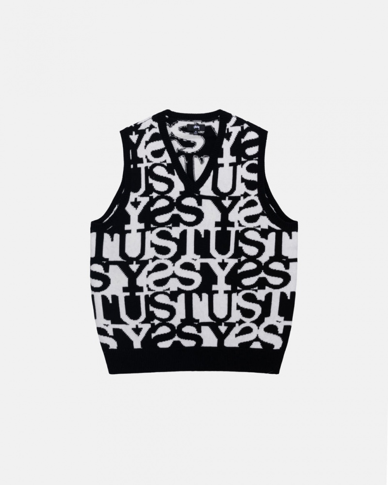 White / Black Men\'s Stussy Stacked Sweater Vest Sweaters Philippines | RXY-7847